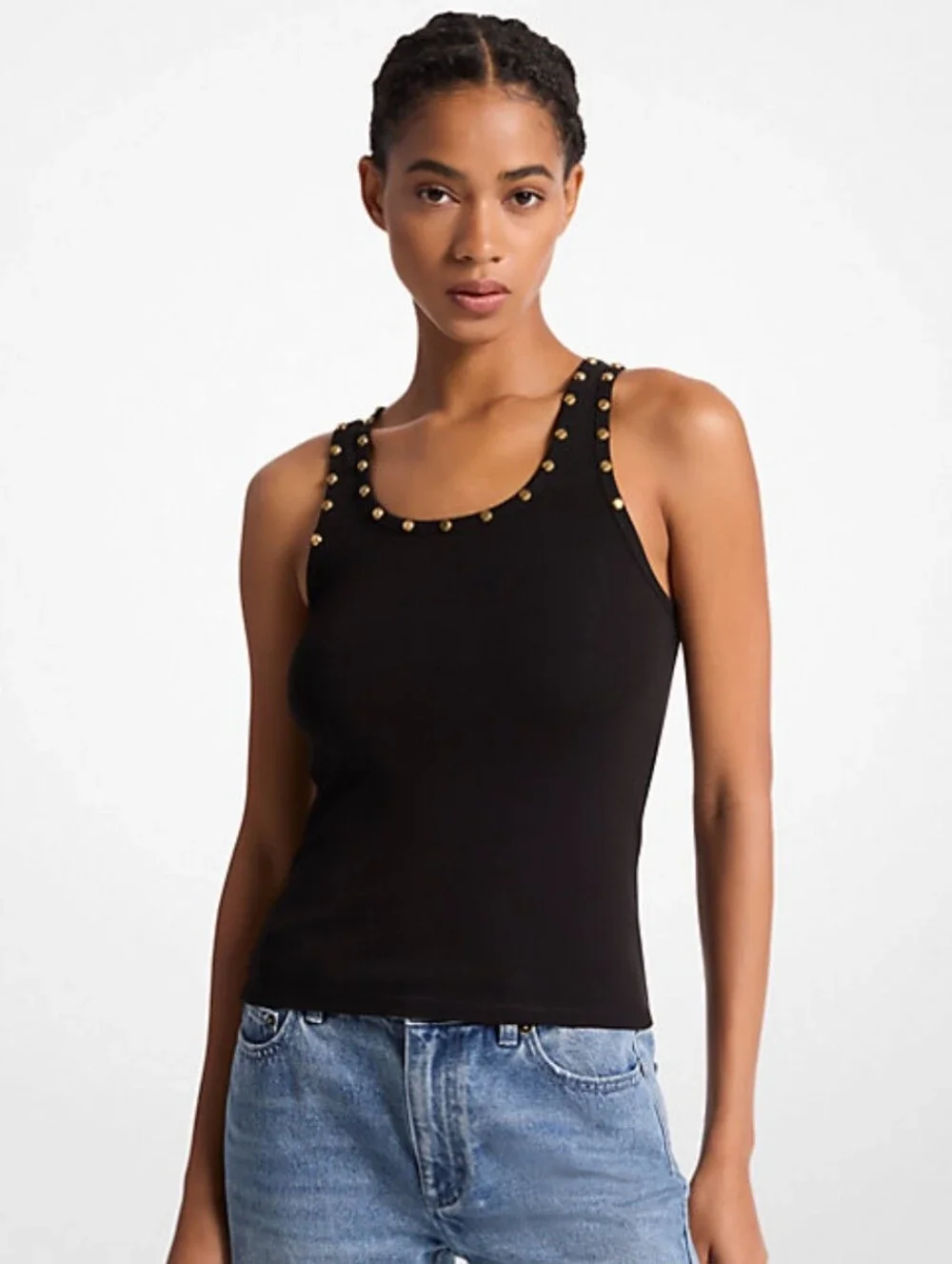 Michael Kors Ribbed Knit Tank with Gold Studs Spring/Summer 26 Midnight Blue